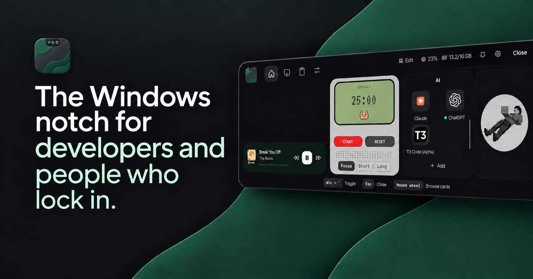 BuildNotch showing music controls, a focus timer, AI apps, and a personal profile view