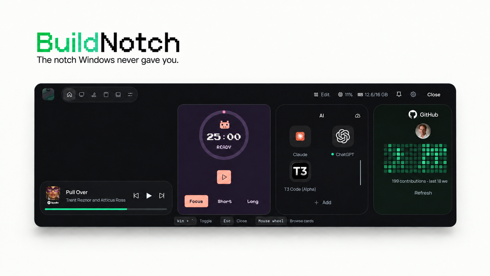 BuildNotch — Projects, GitHub activity, AI apps, music, tasks, and focus timers—one hover away on…